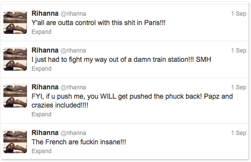Rihanna's angry tweets after her arrival in Paris September 2012