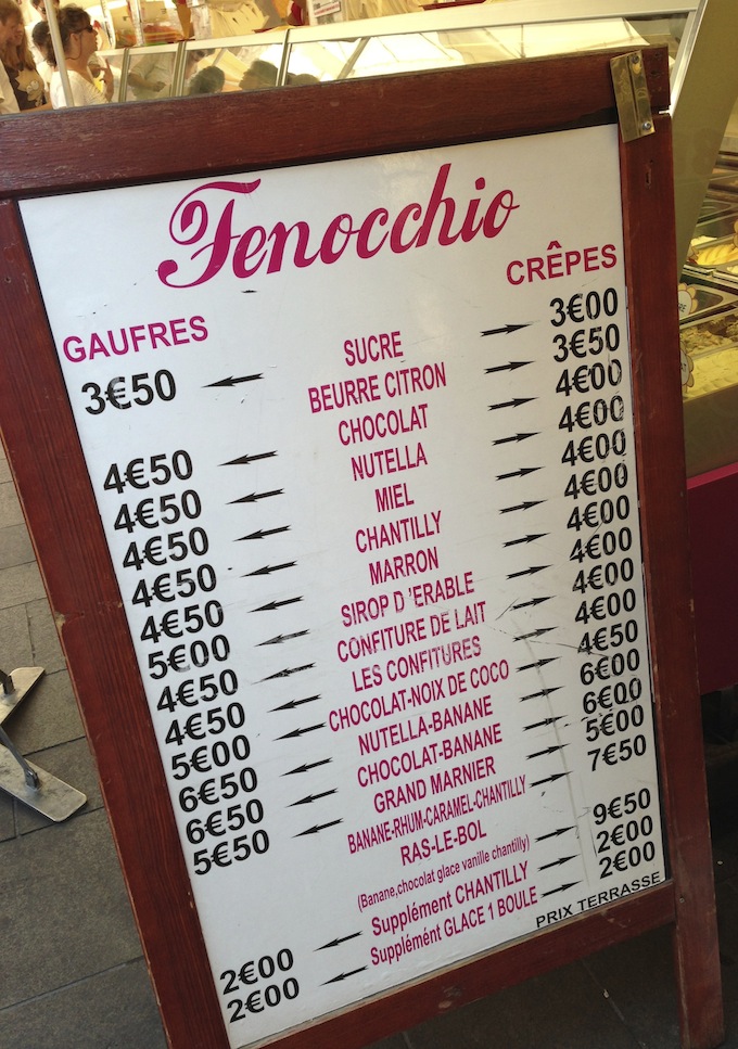 The pricelist at Fenocchio in Place Rossetti in Nice