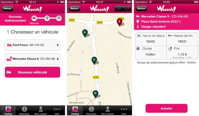 Screenshots of the Whoosh parking app