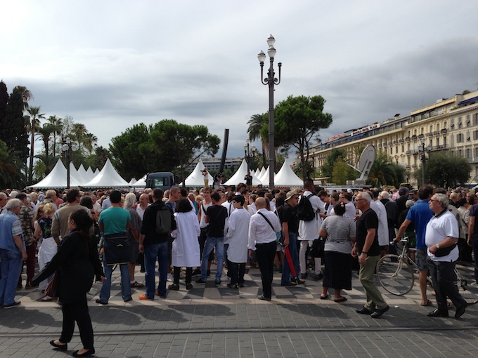 People at demonstration in Place Masséna in Nice in support of the jeweller who shot a man
