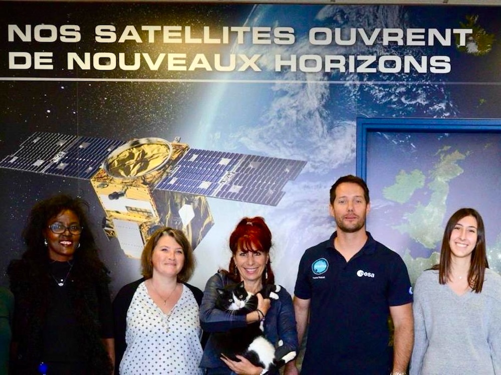 Chrystelle Dugimont with astronaut Thomas Pesquet and colleagues at Thales Alenia in Cannes
